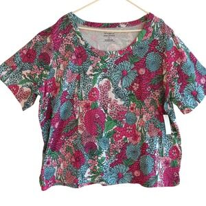 Talbots Plus 3X Floral Print Short Sleeve Tee Pink Cotton Spandex NEW Spring